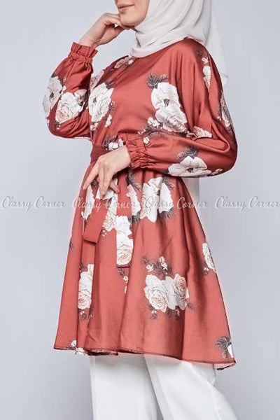 White Rose Print Red Modest Tunic Dress - side view