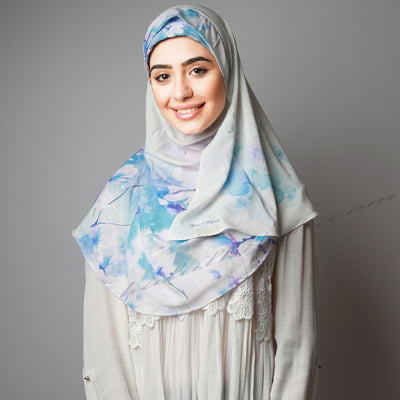 White Blue Royal Cherry Blossom Printed Luxurious Instant Hijab
