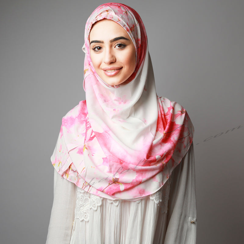 White Pink Floral Print Instant Two-Piece Hijab