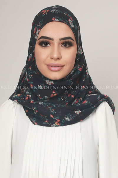 Black Red Floral Chiffon Pin-Free Multi Style Hijab