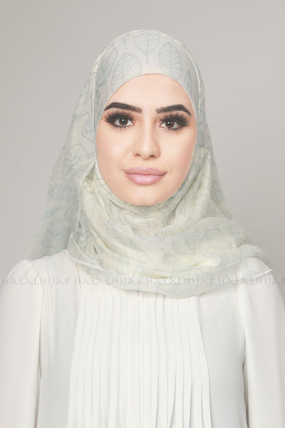 Sky Blue Leafy Print Elegant Instant Hijab