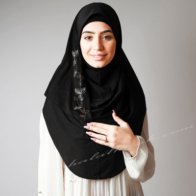 Leafy Floral Crystal Embellished Black Gorgeous Hijab