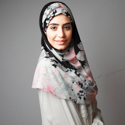 Hijab Women, Hijab House, Black white floral print Hijab, Hijab style, Hijab fashion, How to wear Hijab? Hijab Australia,Printed Hijab, Haute,