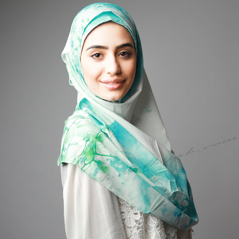 HIjab Australia,HIjab Women, Hijab House, Hijab style, Hijab fashion, How to wear Hijab? Haute, Blue green Cherry Blossom print instant Hijab