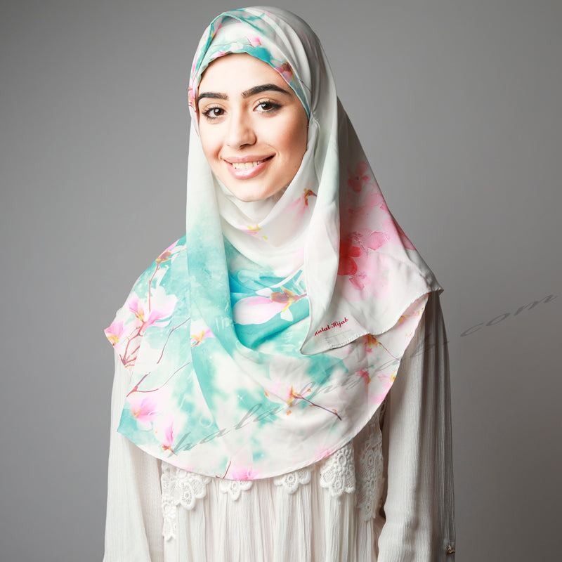 Blue Pink Cherry Blossom Printed Luxurious Instant Hijab