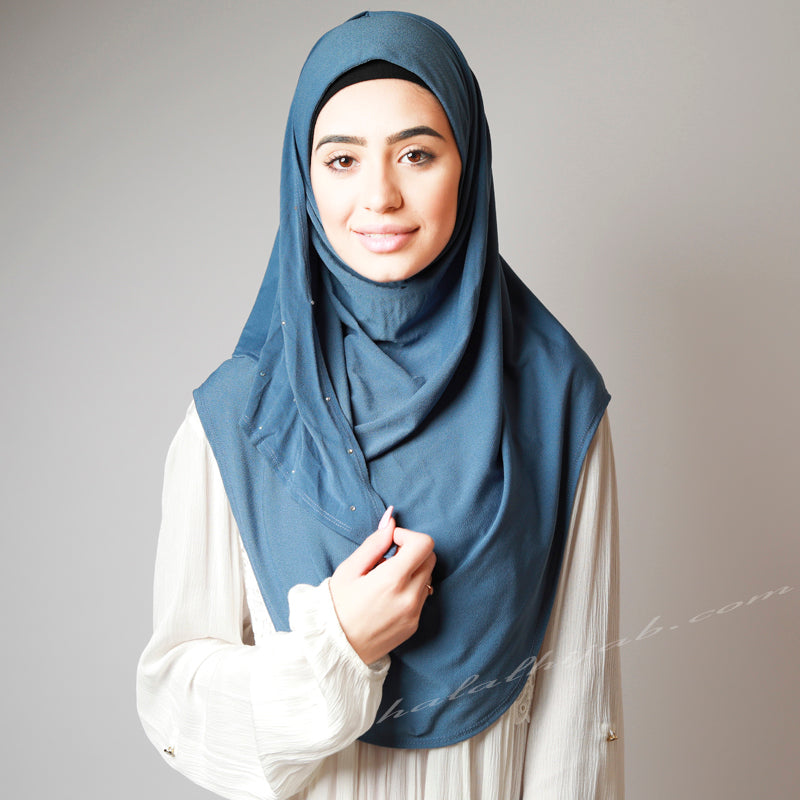 Denim Blue Crystal Dotted Stretchy Party Hijab