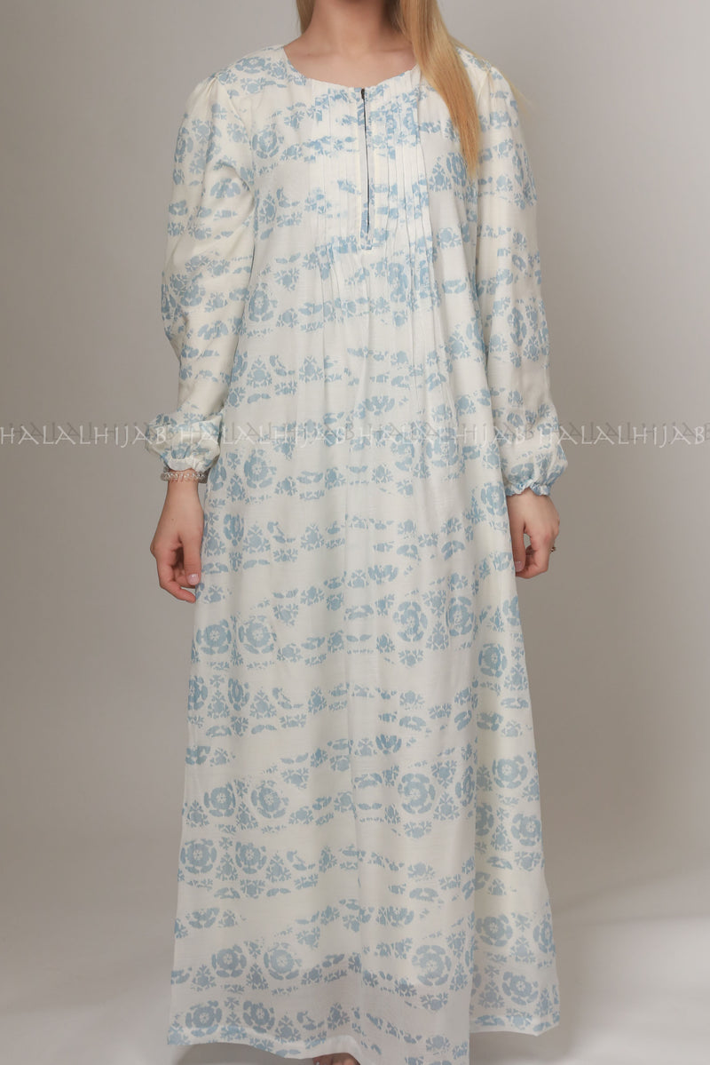 Sky Blue Floral Print Muslimah Dress