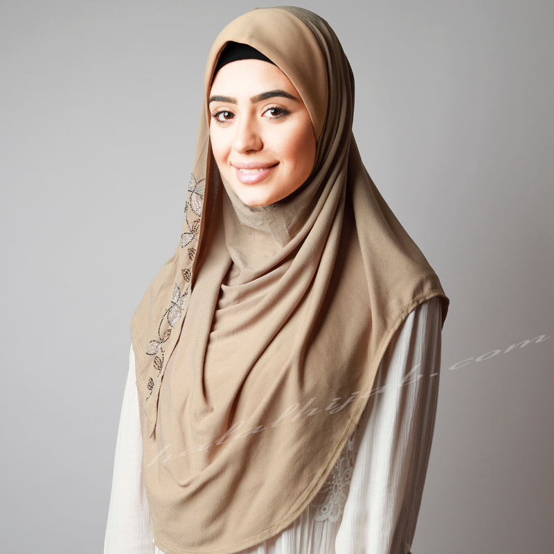 Dusty Beige Golden Silver Floral Sequinned Party Hijab