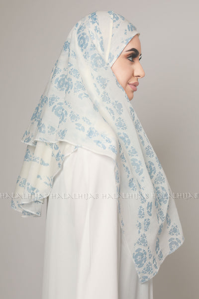 Sky Blue Floral Print Elegant Instant Hijab