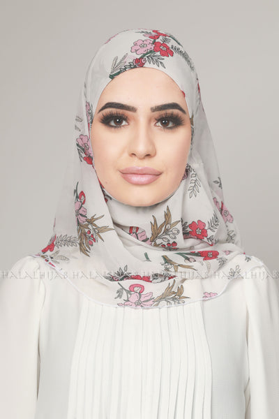 Red Floral White Chiffon Instant Hijab