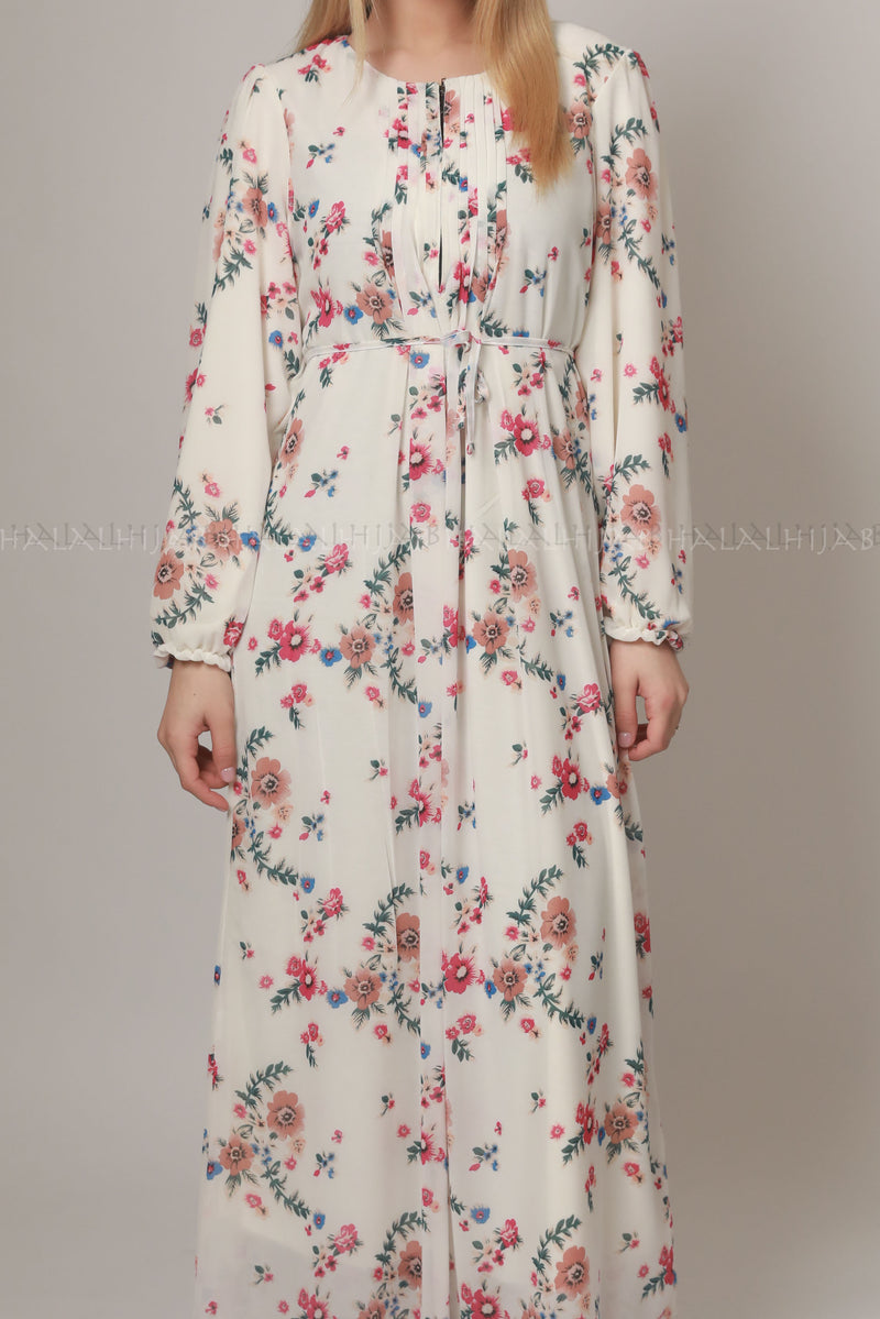 White Pink Floral Print Modest Dress