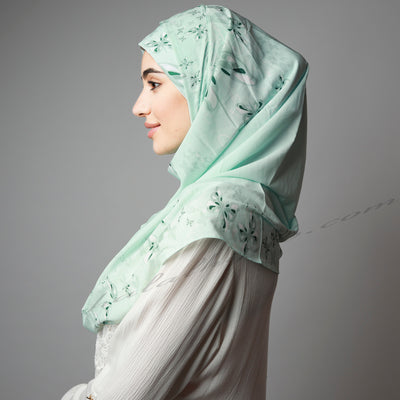 Light Mint Pastel Green Printed Luxurious Instant Hijab