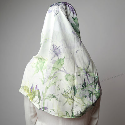 Matte Green Purple Leafy Floral Print Instant Hijab