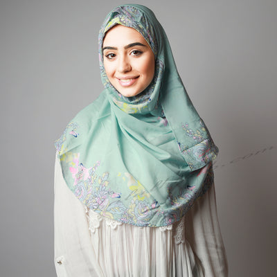 Mint Pastel Green Printed Elegant Instant Hijab