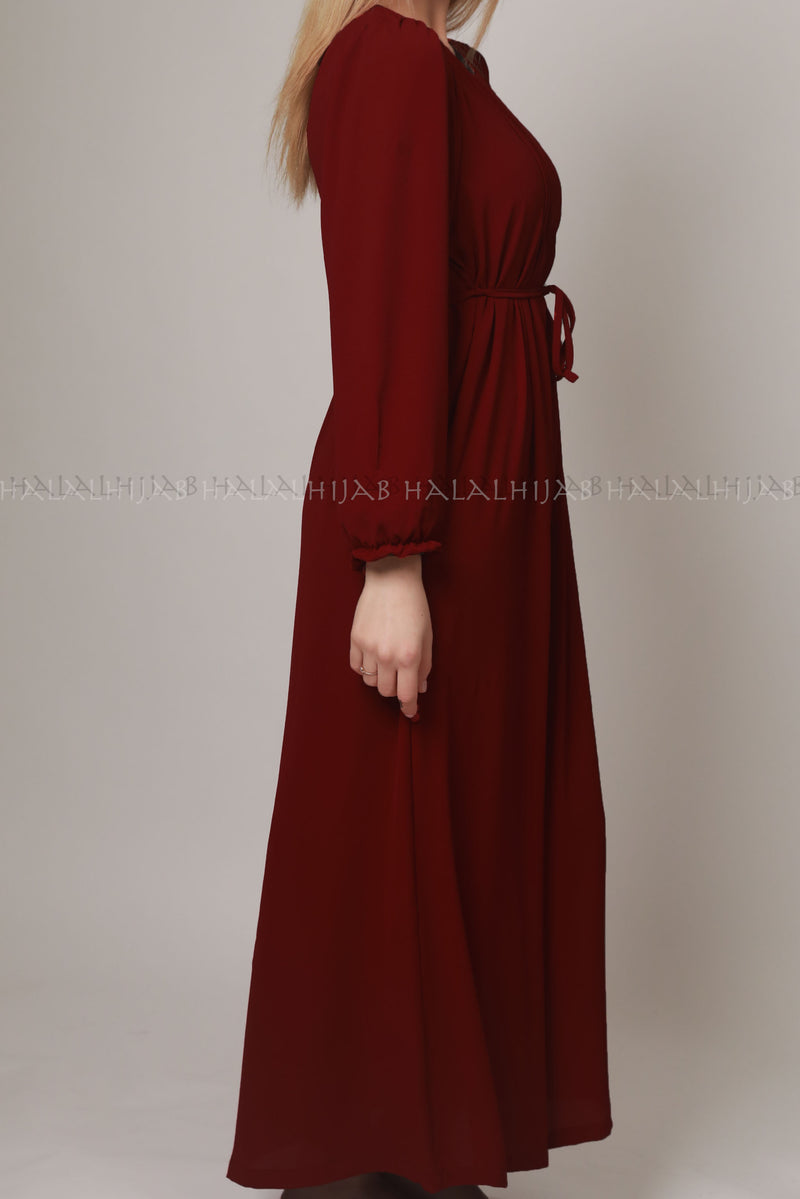 Maroon Red Long Sleeve Modest Dress