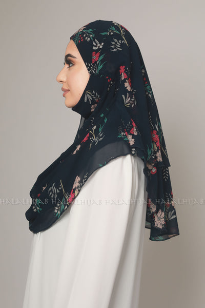 Navy Pink Floral Print Instant Chiffon Hijab