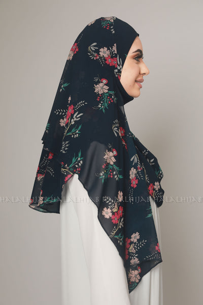 Navy Pink Floral Print Instant Chiffon Hijab