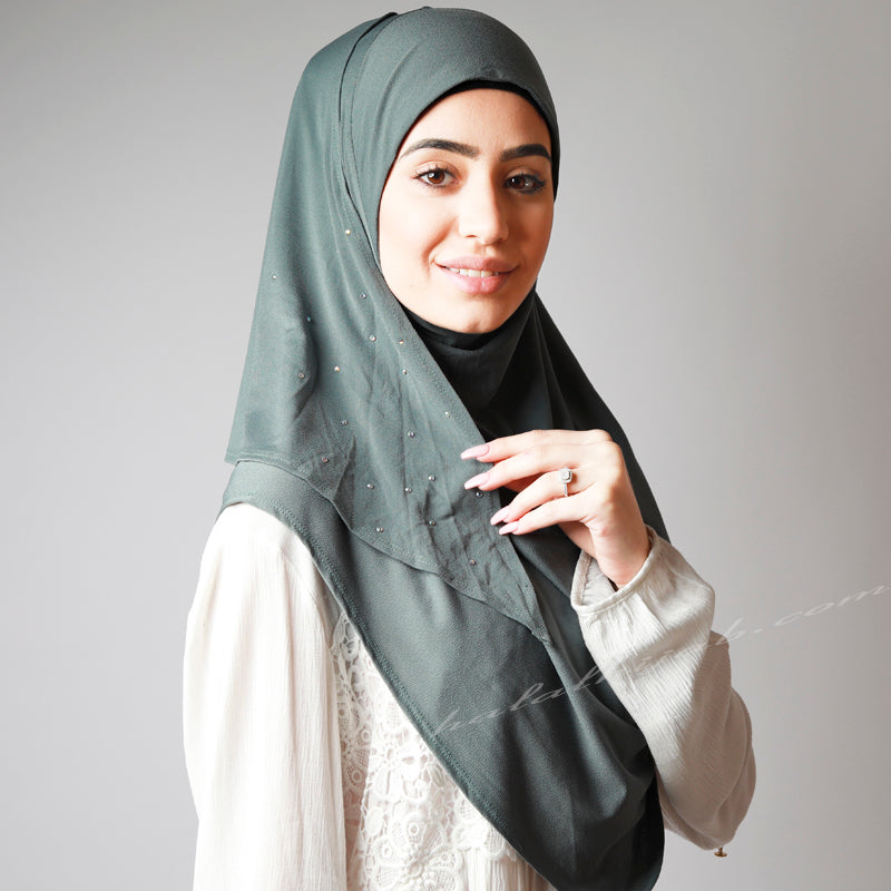Dusty Pale Olive Crystal Dotted Party Hijab