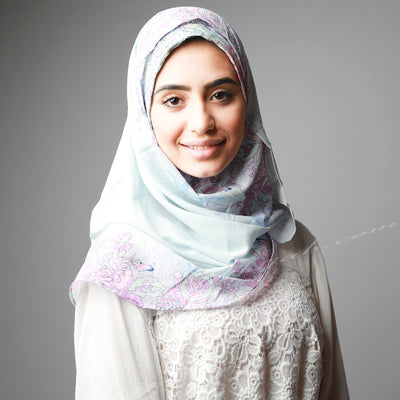 Sky Blue Pink Border Print Elegant Two Piece Instant Hijab