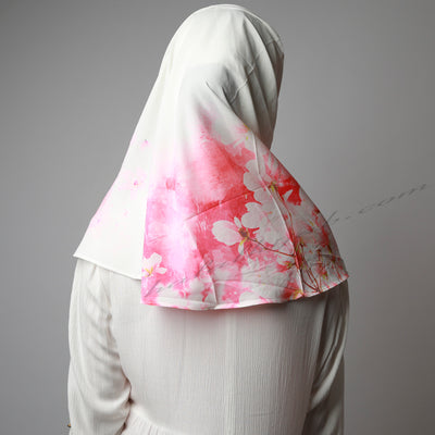 White Bright Pink Floral Print Instant Luxury Hijab